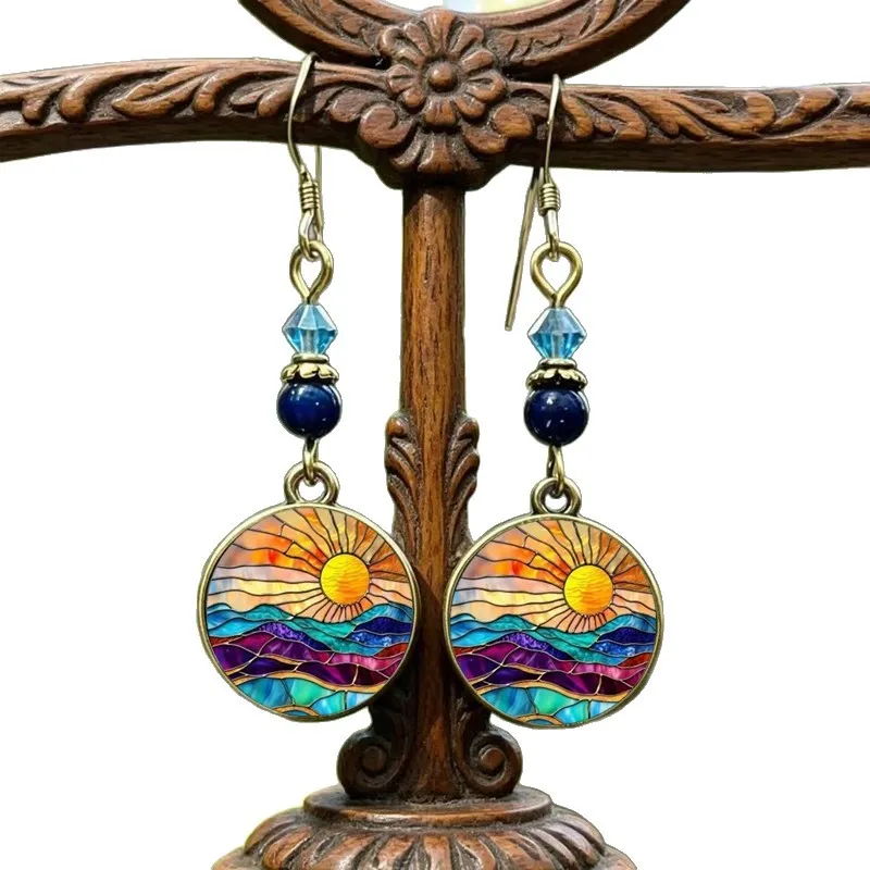 Stained Glass Sunrise Mountain Stud Earrings – Gradient Contrast Vintage Earrings, Colorful Landscape Design, Versatile Daily Wear, Wholesale Bulk Supply